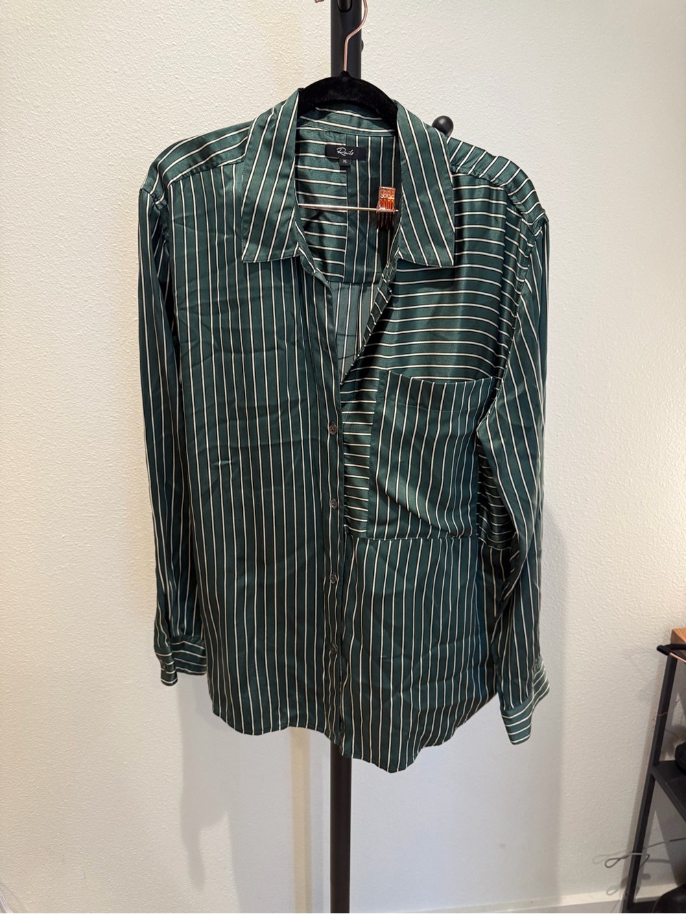 Rails Green and White Striped Silk Button-Up Blouse